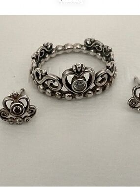 Pandora Silver Crown Heart Ring and Studs Set
